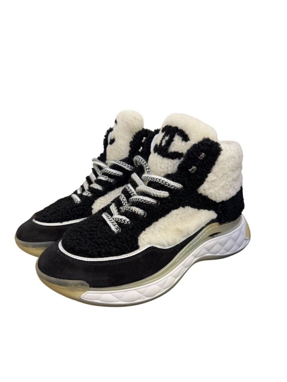Chanel Ankle Booties Black & White Shearling Suede Size 7.5/38
